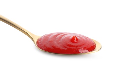 Photo of Spoon with tasty ketchup isolated on white. Tomato sauce