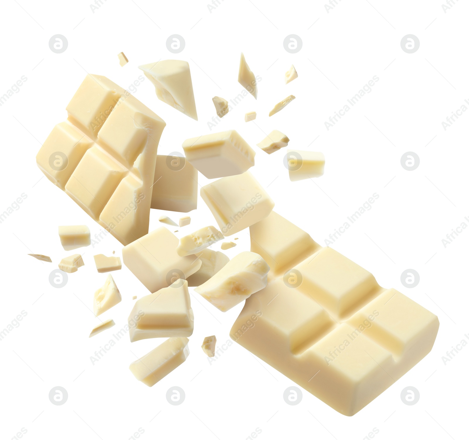 Image of Chocolate explosion, pieces shattering on white background