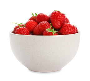 Photo of Ripe strawberries in bowl isolated on white