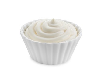 Fresh mayonnaise sauce in bowl isolated on white