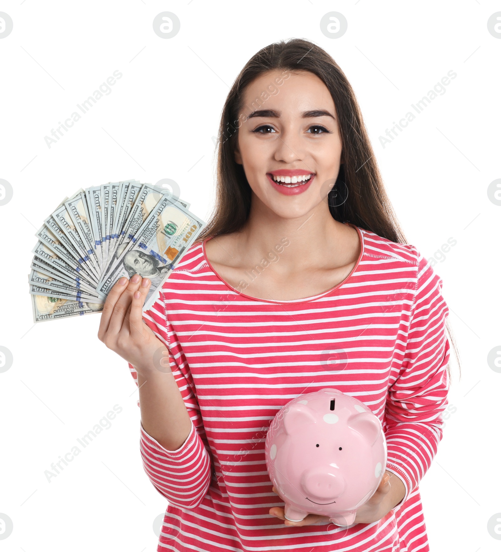 Photo of Portrait of happy young woman with money and piggy bank on white background