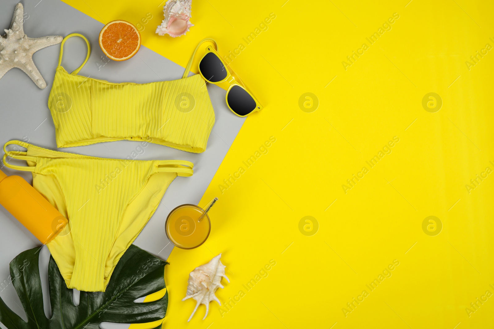 Photo of Flat lay composition with beach objects on color background, space for text