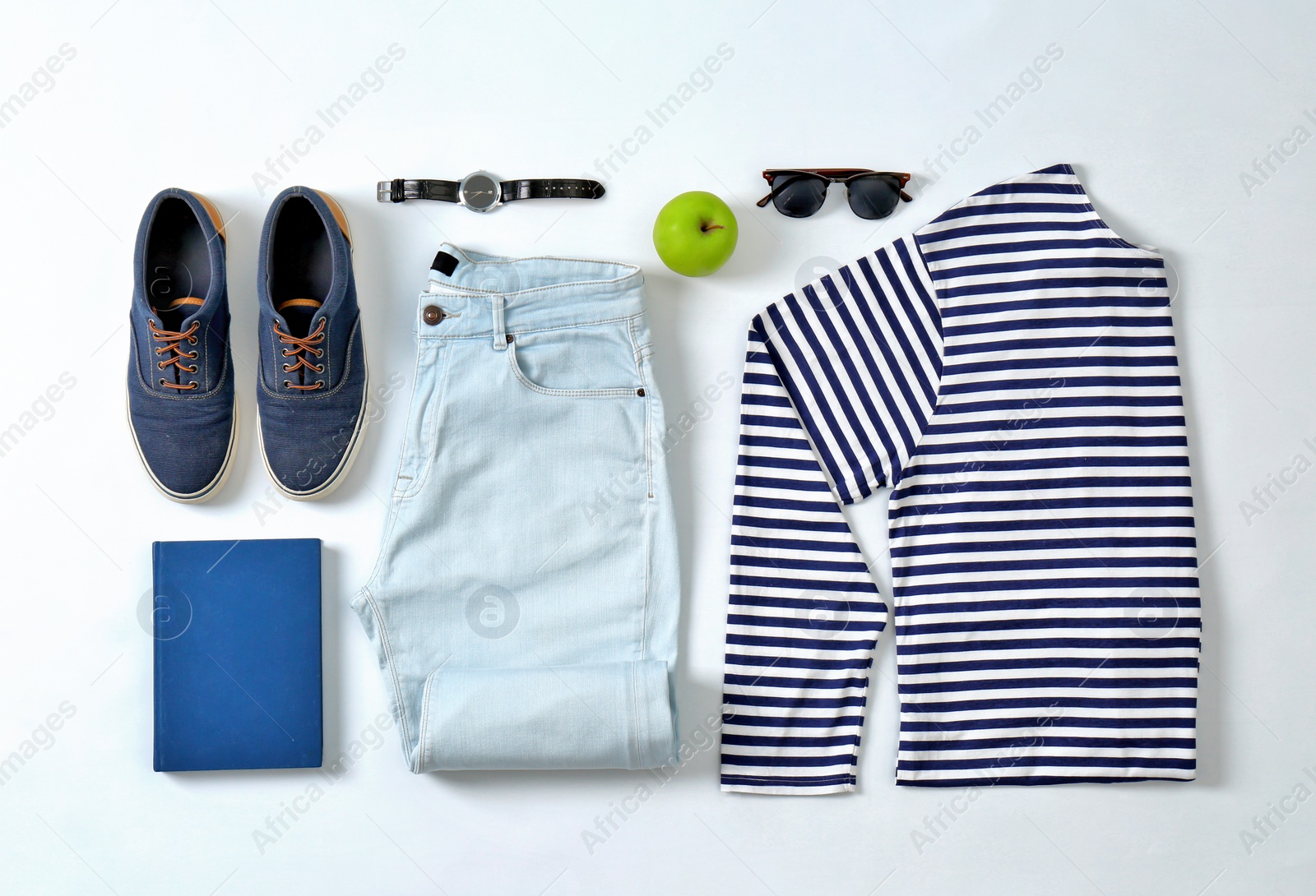 Photo of Flat lay set of stylish male clothes and accessories on white background