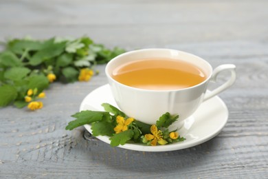 Photo of Cup of aromatic celandine tea and flowers on grey wooden table, closeup