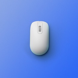 Modern wireless computer mouse on light blue background, top view