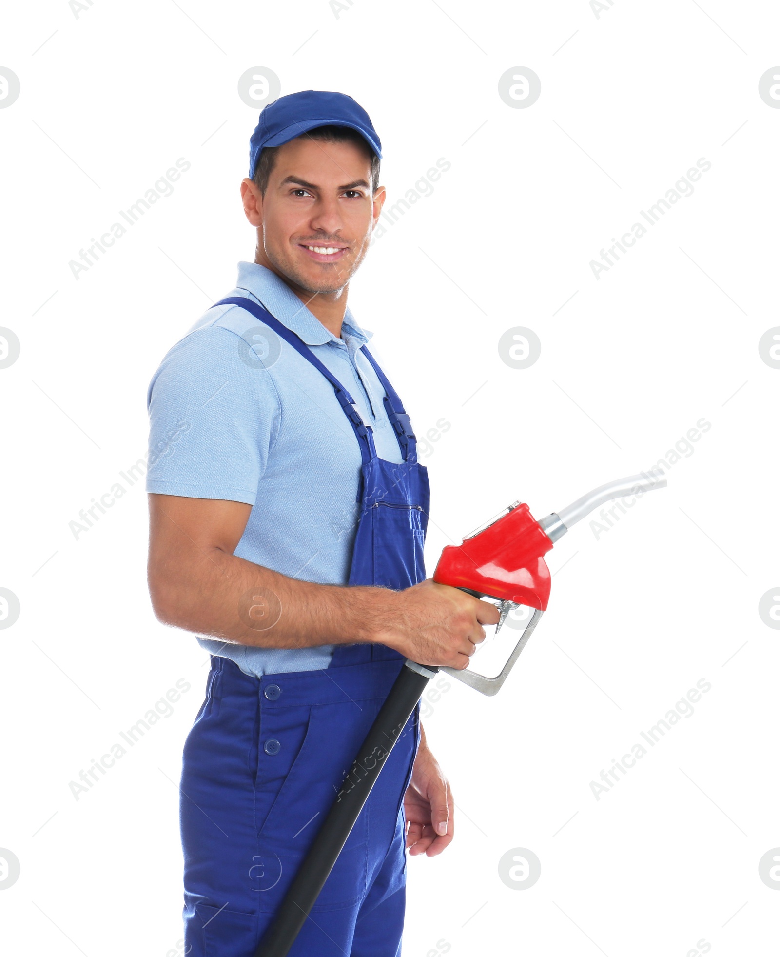 Photo of Gas station worker with fuel nozzle on white background