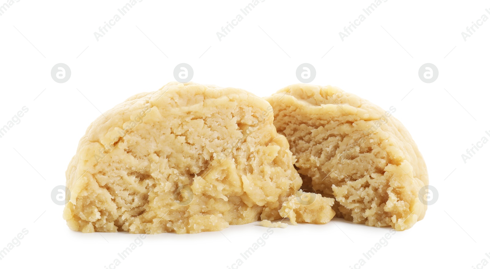 Photo of Making shortcrust pastry. Raw dough isolated on white