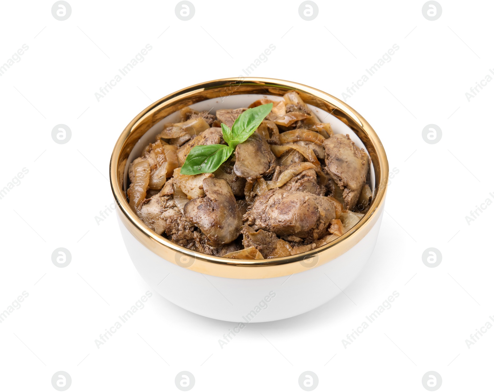 Photo of Delicious fried chicken liver with onion and basil in bowl isolated on white