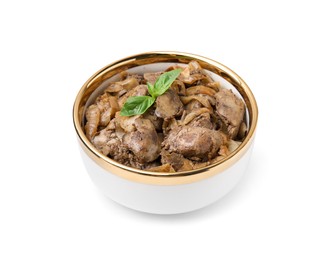 Photo of Delicious fried chicken liver with onion and basil in bowl isolated on white