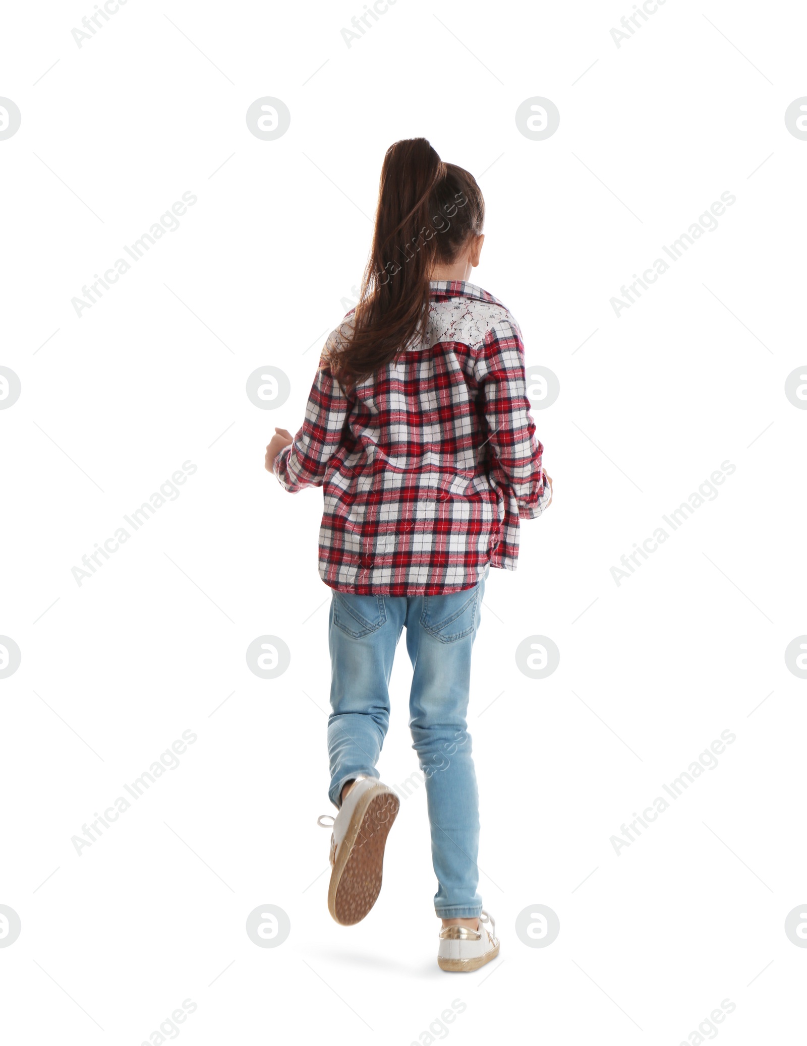 Photo of Cute little girl running on white background, back view