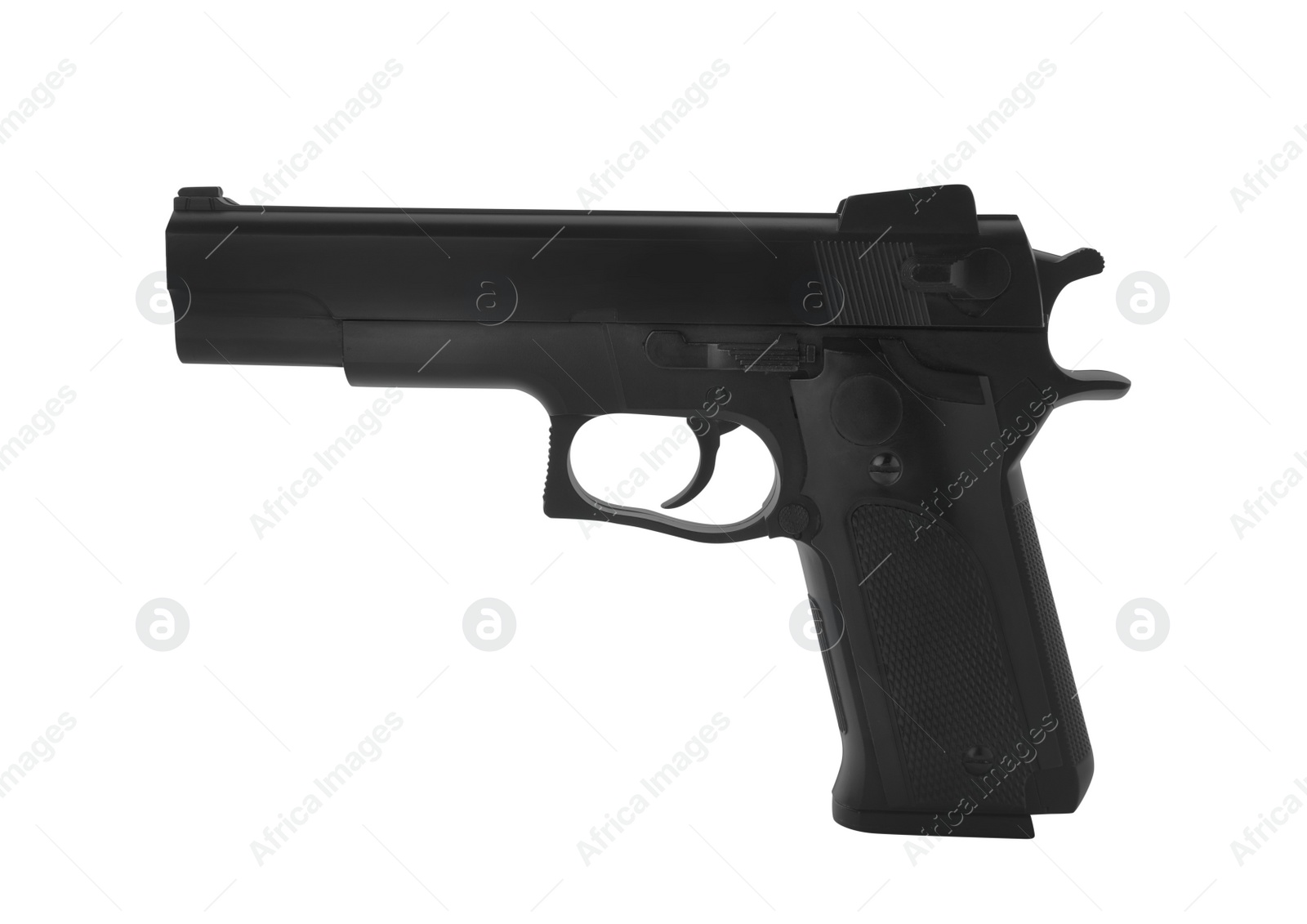 Photo of Black gun isolated on white. Modern weapon