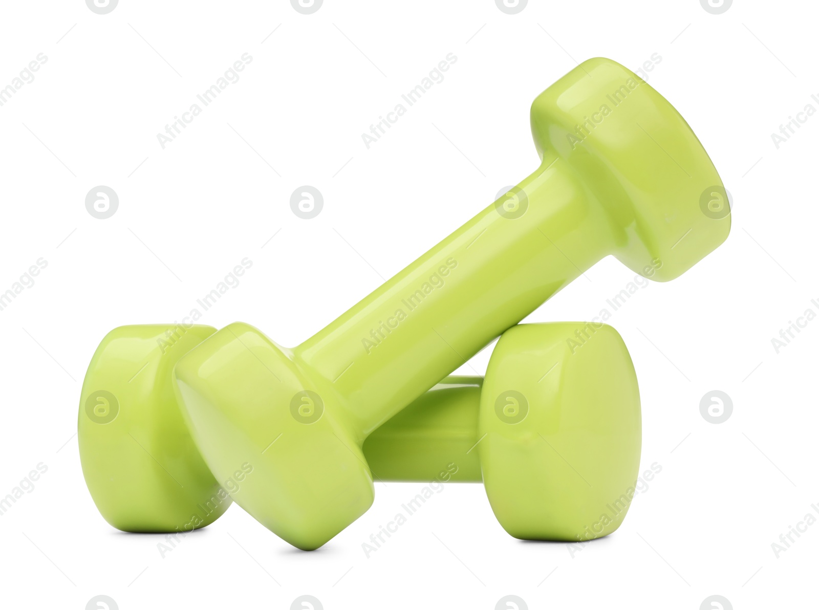 Photo of Light green dumbbells isolated on white. Sports equipment