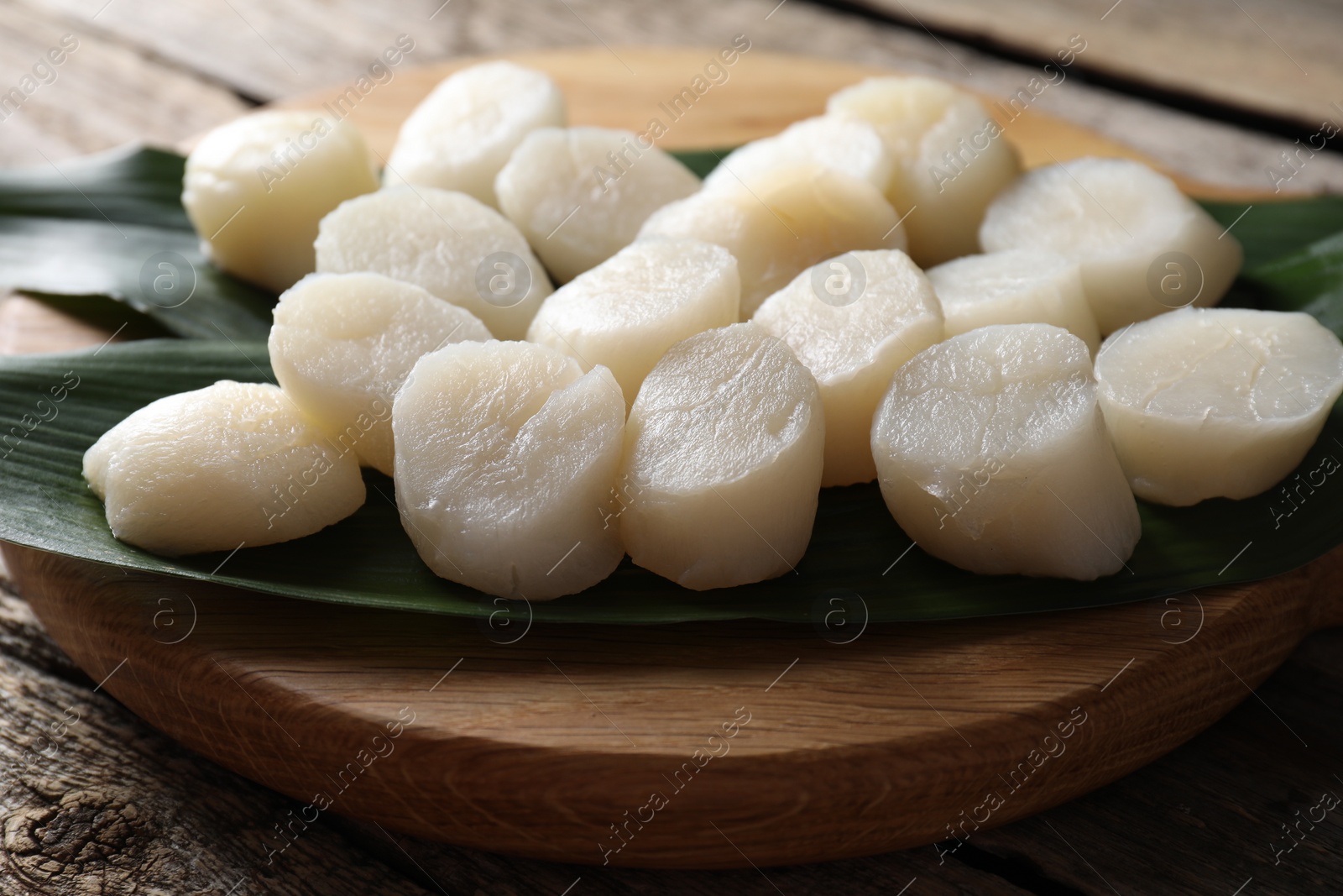 Photo of Fresh raw scallops on wooden table, closeup