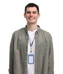 Photo of Smiling man with empty badge on white background