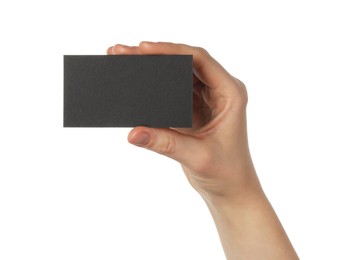 Photo of Woman with blank black business card on white background, closeup. Mockup for design