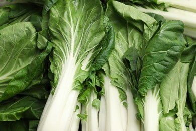 Photo of Fresh green pak choy cabbages as background, top view