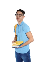 Asian teenager boy with books on white background