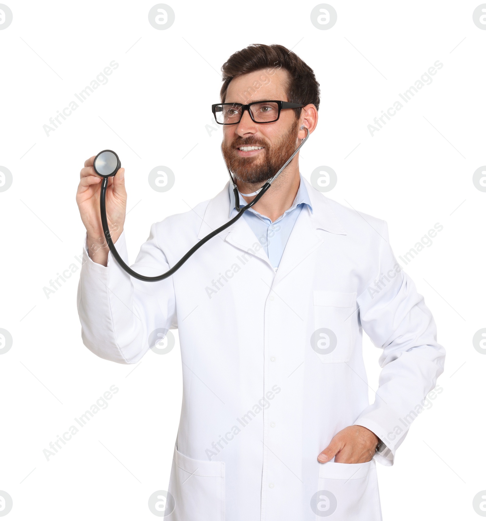 Photo of Portrait of doctor with stethoscope on white background