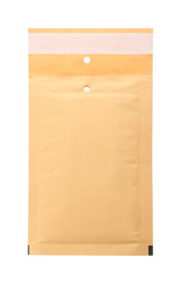 Photo of Kraft paper envelope isolated on white. Mail service