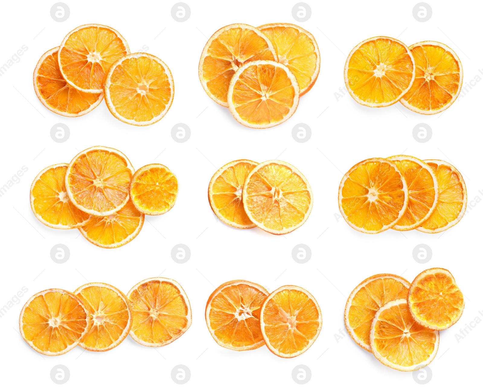 Image of Collage with dry orange slices on white background, top view