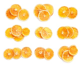 Collage with dry orange slices on white background, top view