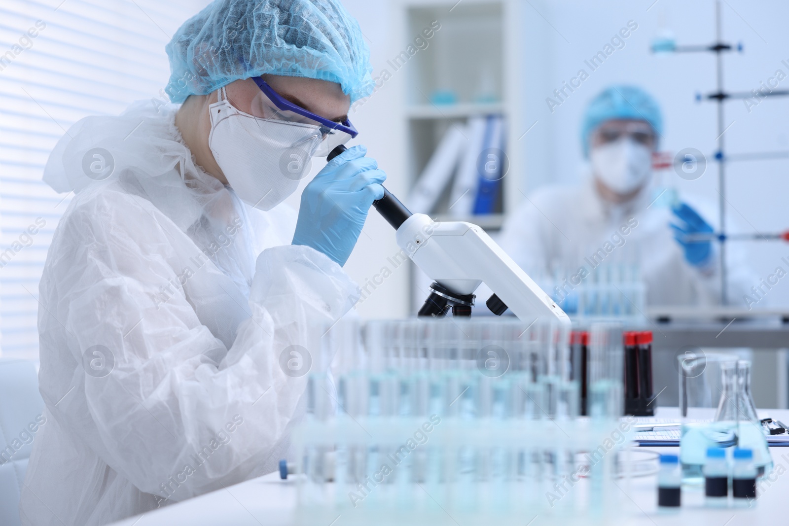 Photo of Scientist working with samples and microscope in laboratory