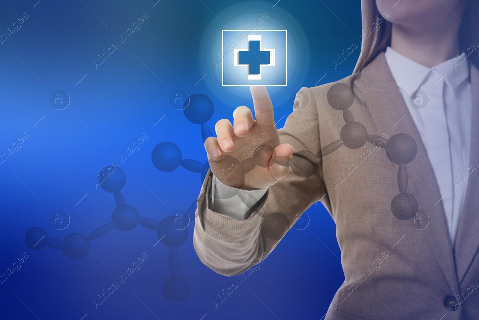 Image of Woman pressing virtual first aid button on blue background, closeup. Emergency help