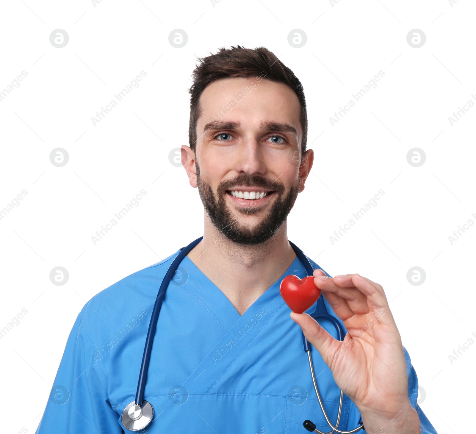 Photo of Doctor with stethoscope and red heart on white background. Cardiology concept