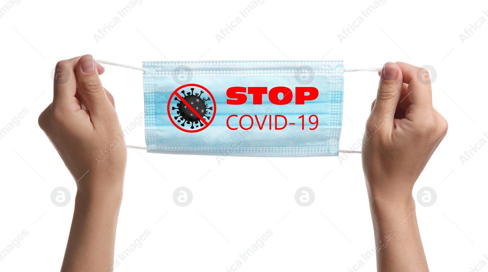 Image of Woman holding medical mask with text Stop Covid-19 on white background, closeup. Protective measures during pandemic 