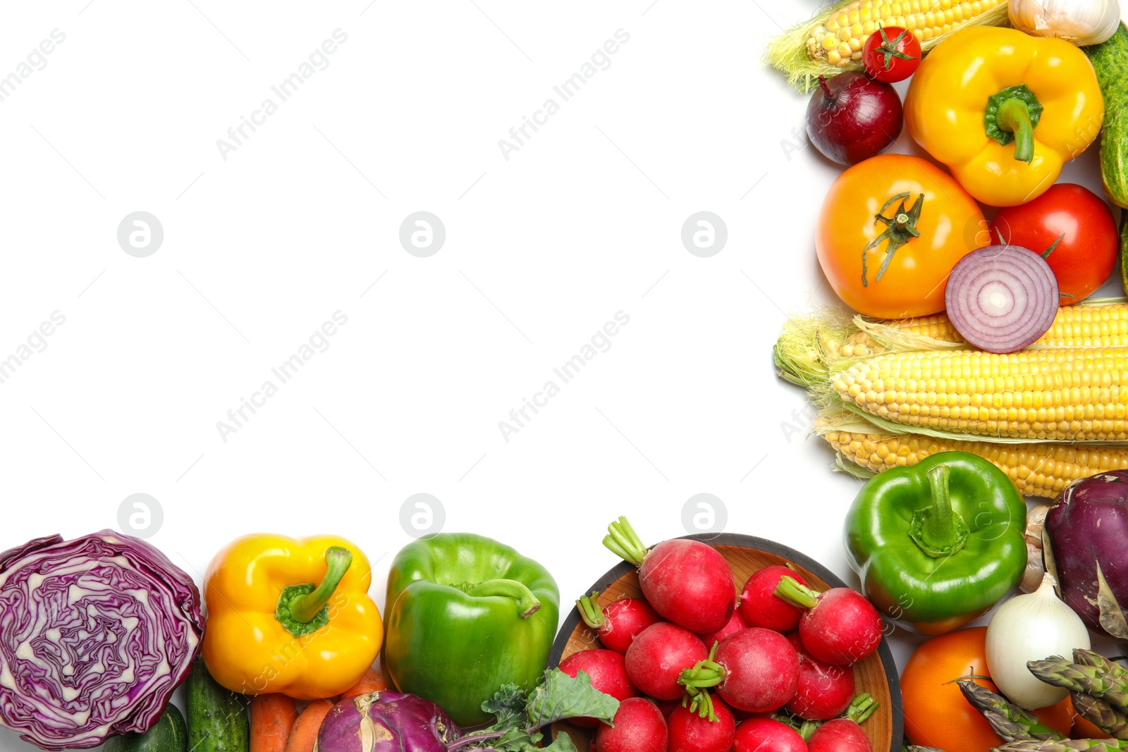 Photo of Assortment of fresh vegetables on white background, top view. Space for text