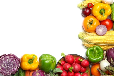 Photo of Assortment of fresh vegetables on white background, top view. Space for text