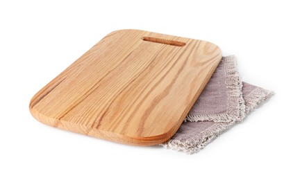 Photo of Wooden cutting board and kitchen towel isolated on white