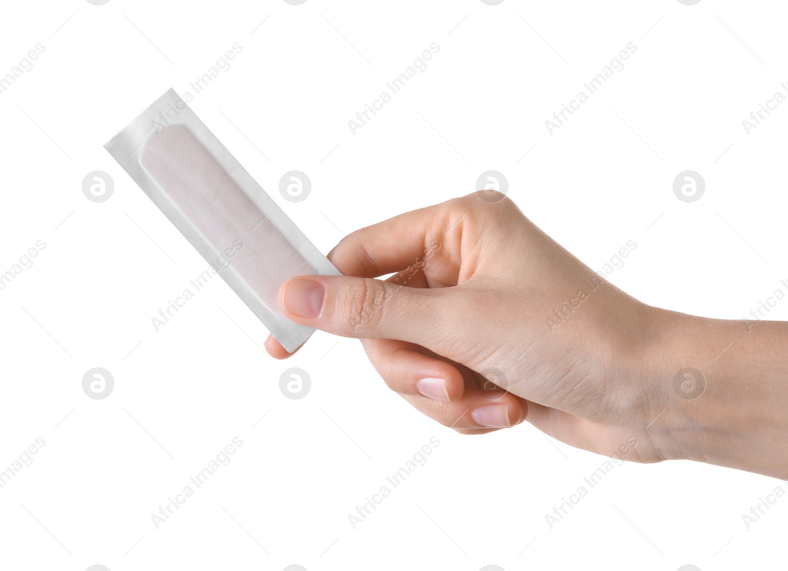 Photo of Woman holding medical adhesive bandage isolated on white, closeup