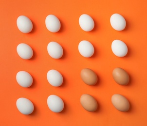 Photo of Raw chicken eggs on color background, top view