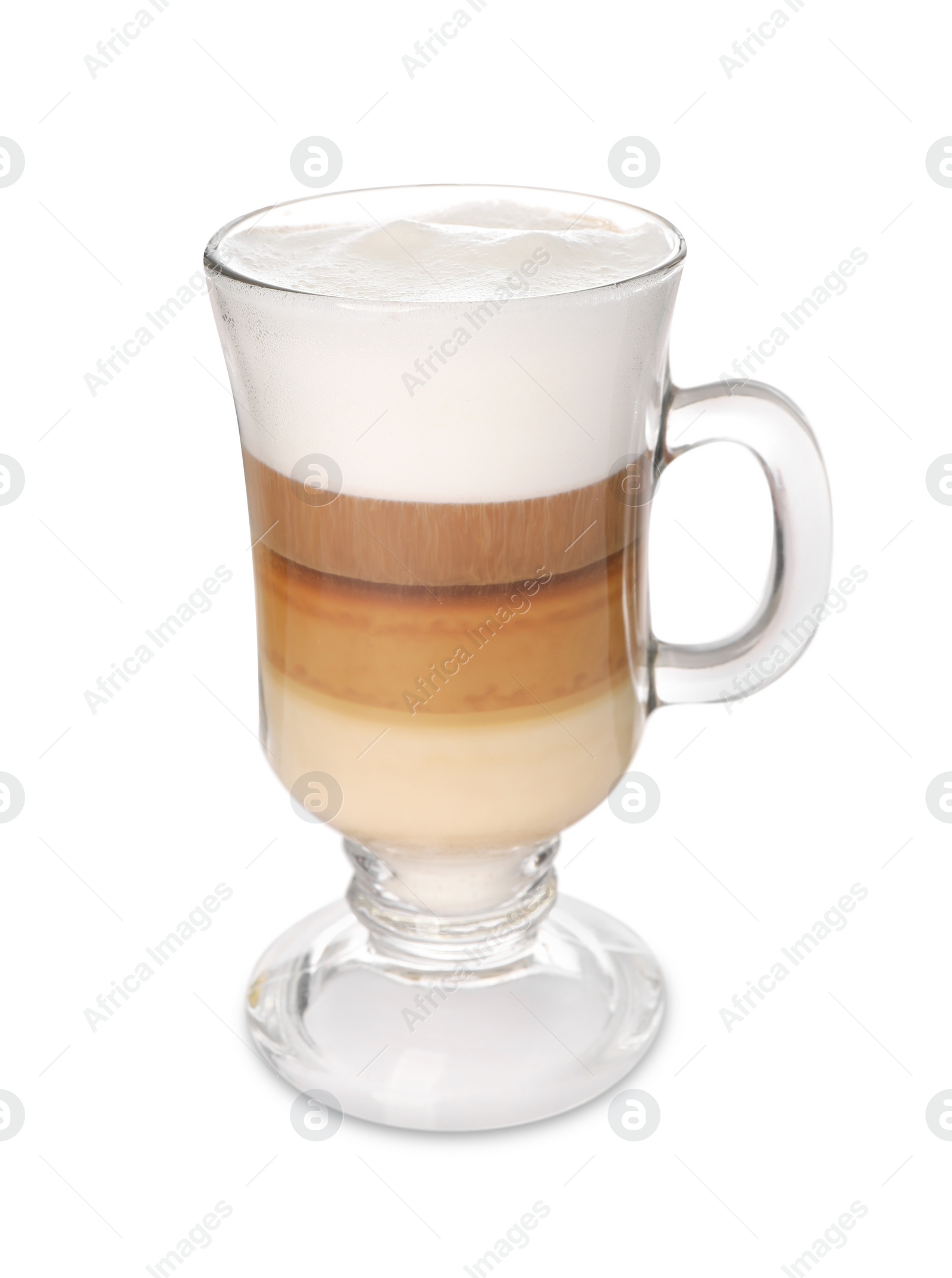 Photo of Aromatic latte macchiato in glass cup isolated on white