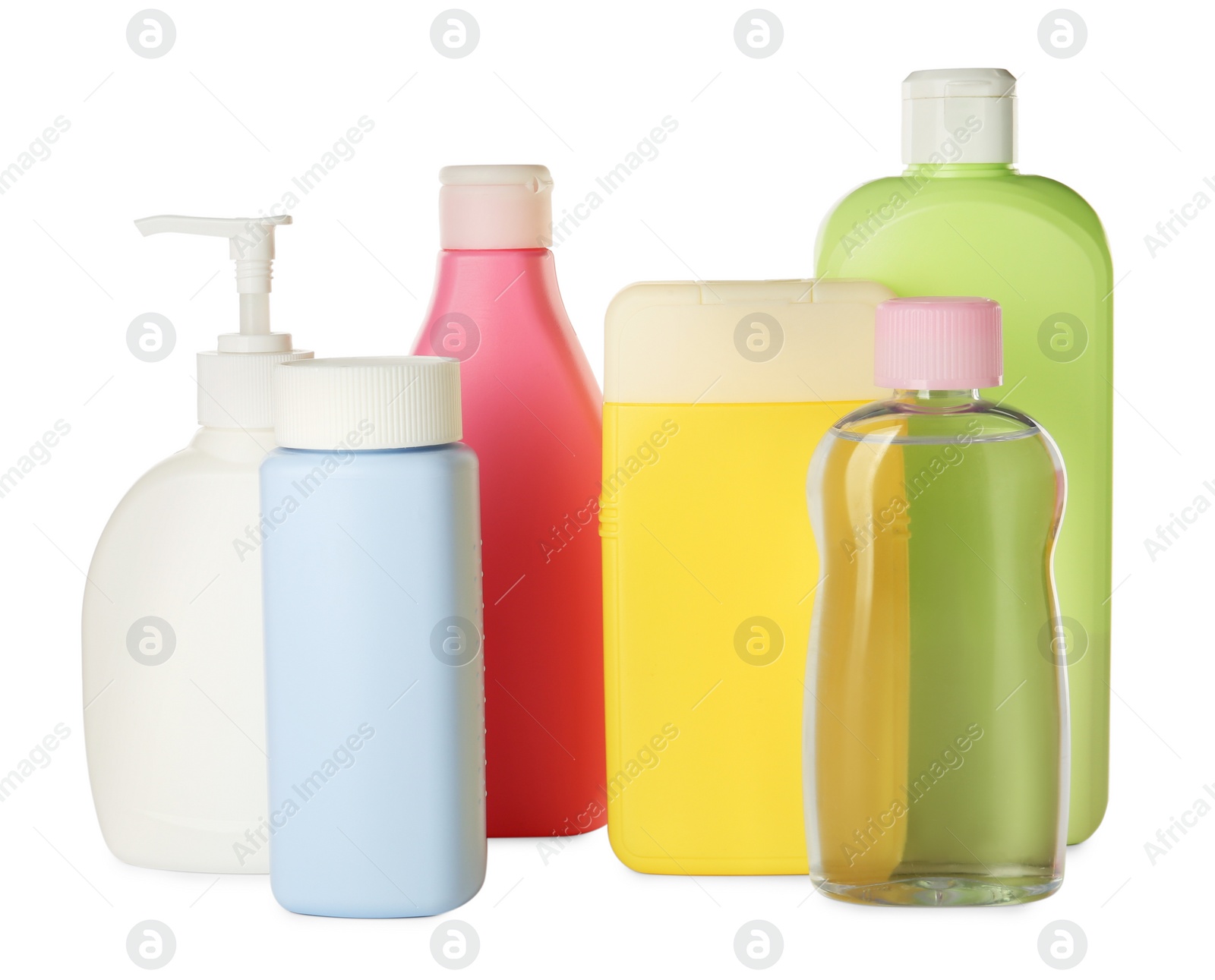 Photo of Bottles of baby cosmetic products on white background