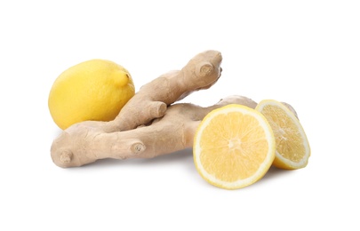 Photo of Fresh lemons and ginger on white background