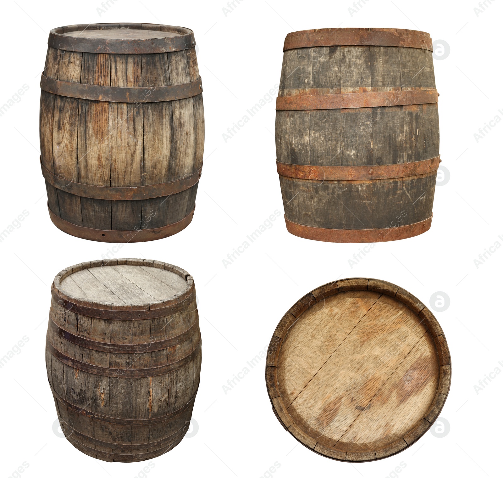 Image of Different wooden barrels isolated on white, top and side views. Collage design