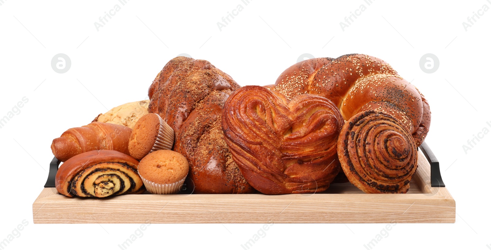 Photo of Wooden tray with different pastries isolated on white