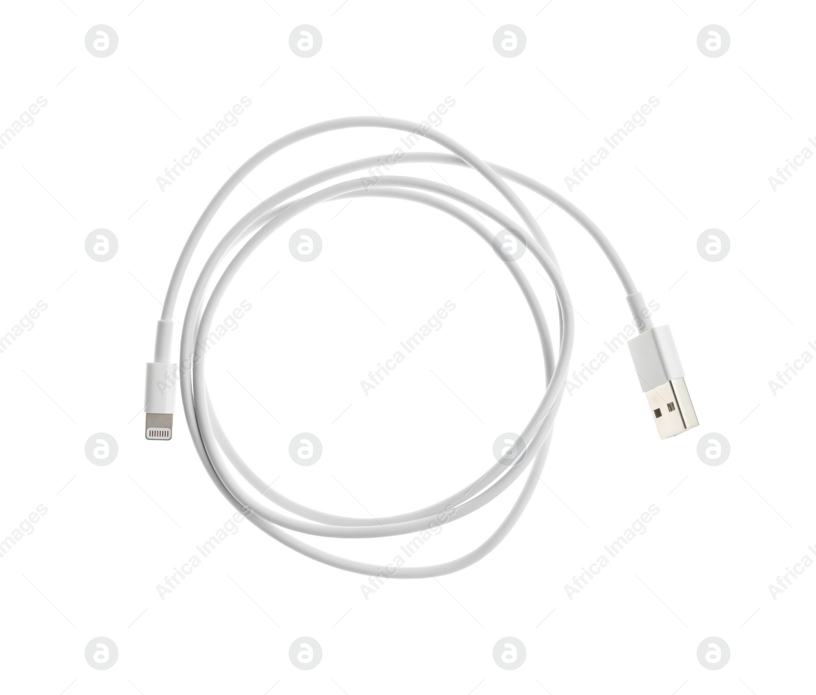 Photo of USB charge cable isolated on white, top view. Modern technology