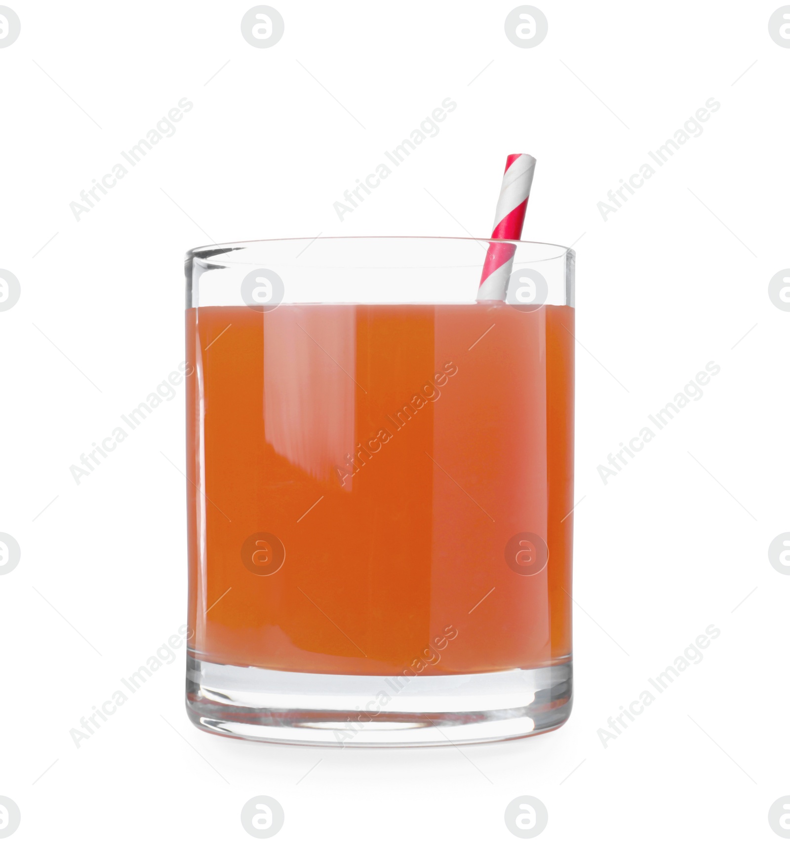 Photo of Tasty freshly made grapefruit juice on white background