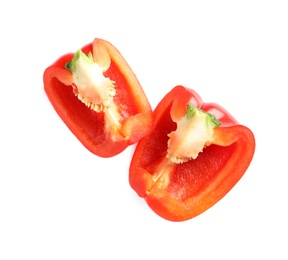 Photo of Slices of ripe red bell pepper on white background
