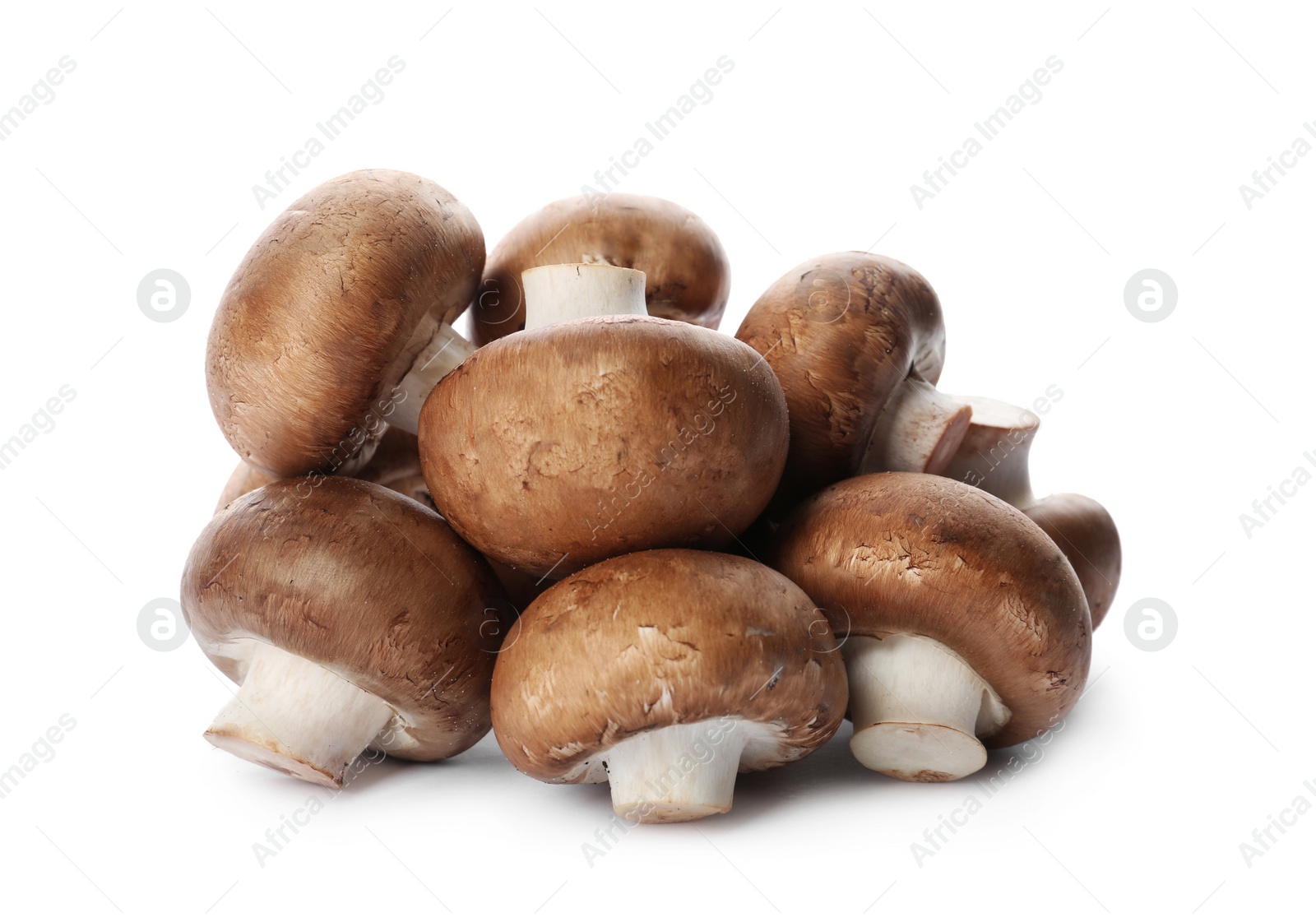 Photo of Fresh champignon mushrooms isolated on white. Healthy food