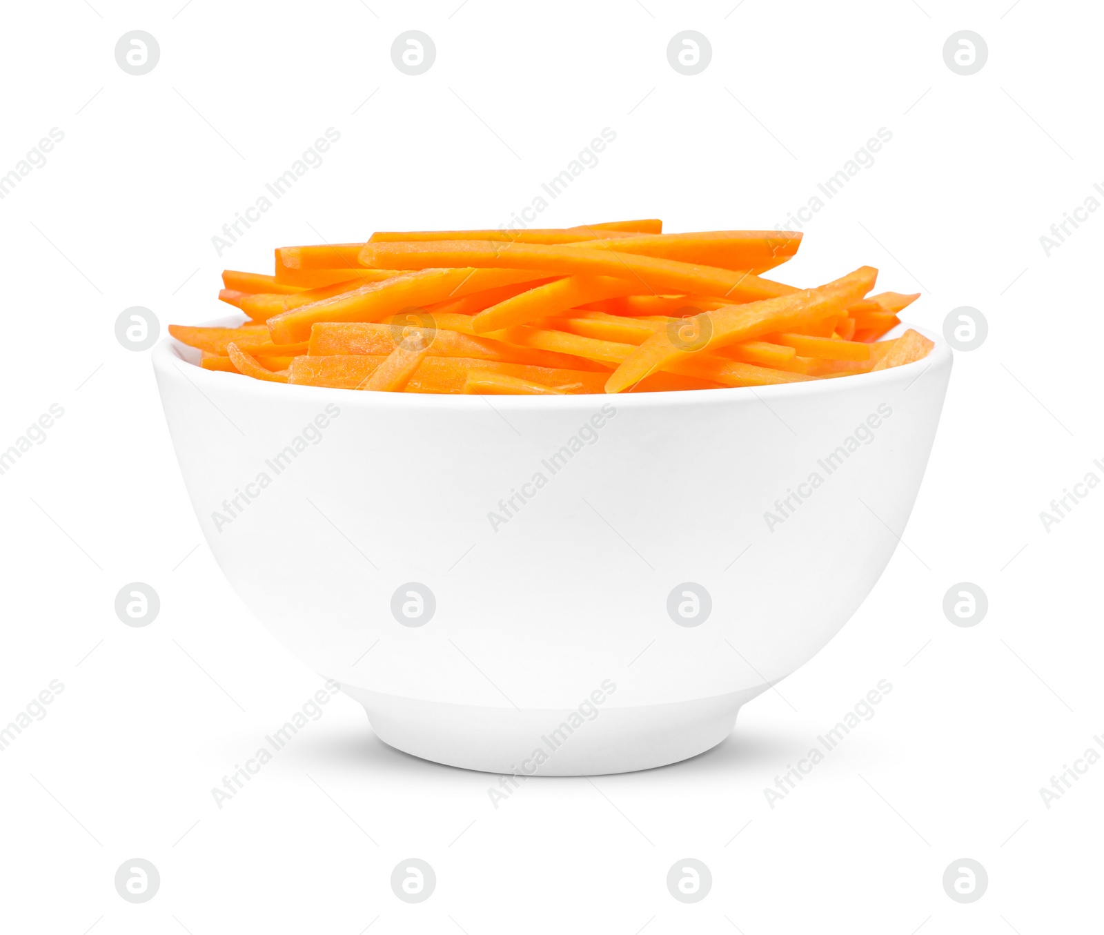 Photo of Bowl of delicious carrot sticks isolated on white