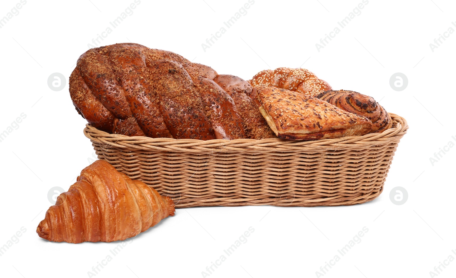 Photo of Many different tasty pastries isolated on white