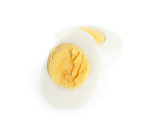 Photo of Halves of fresh hard boiled chicken egg isolated on white
