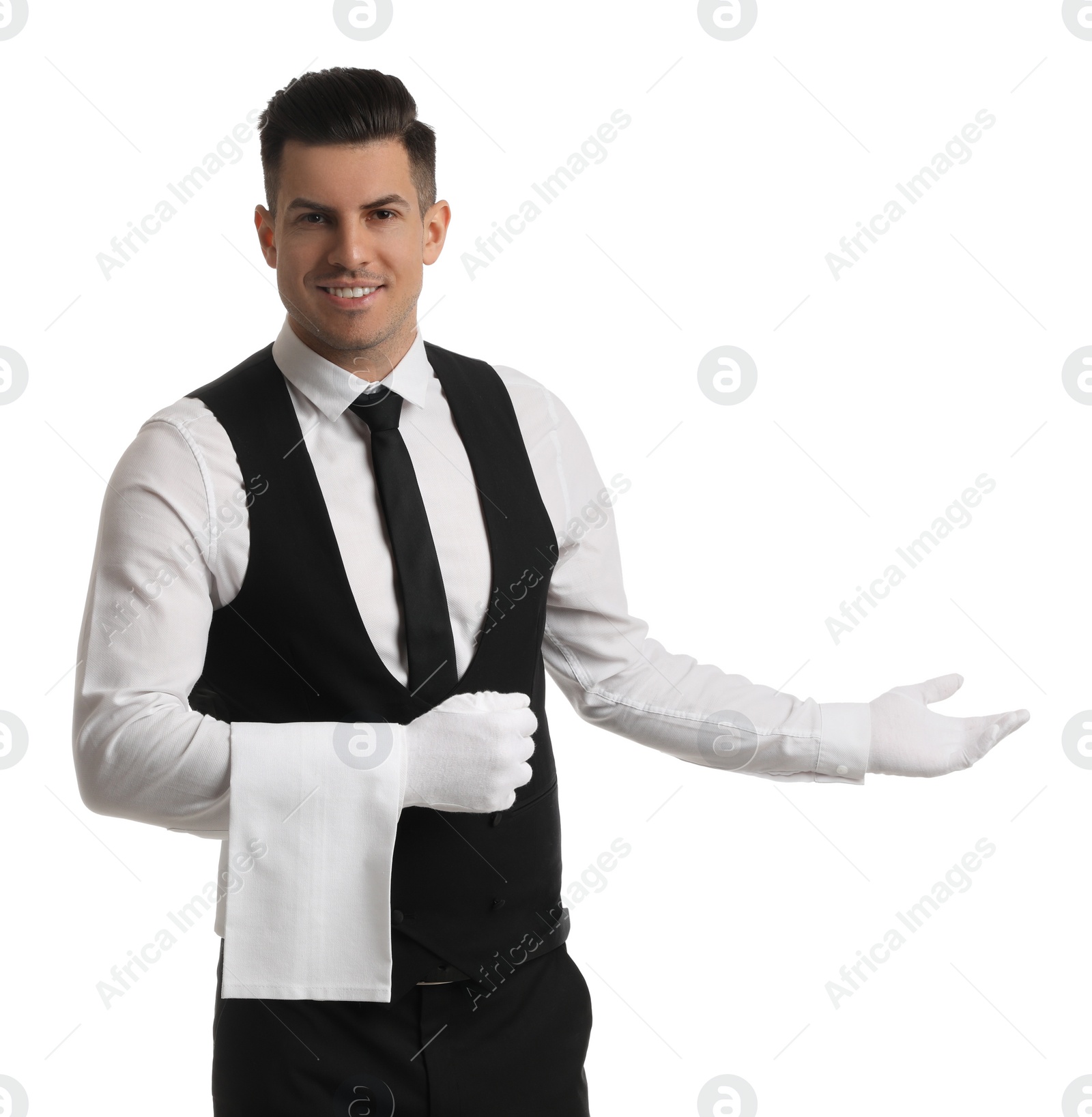 Photo of Handsome butler with towel on white background