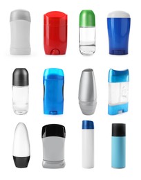 Set of different deodorants on white background
