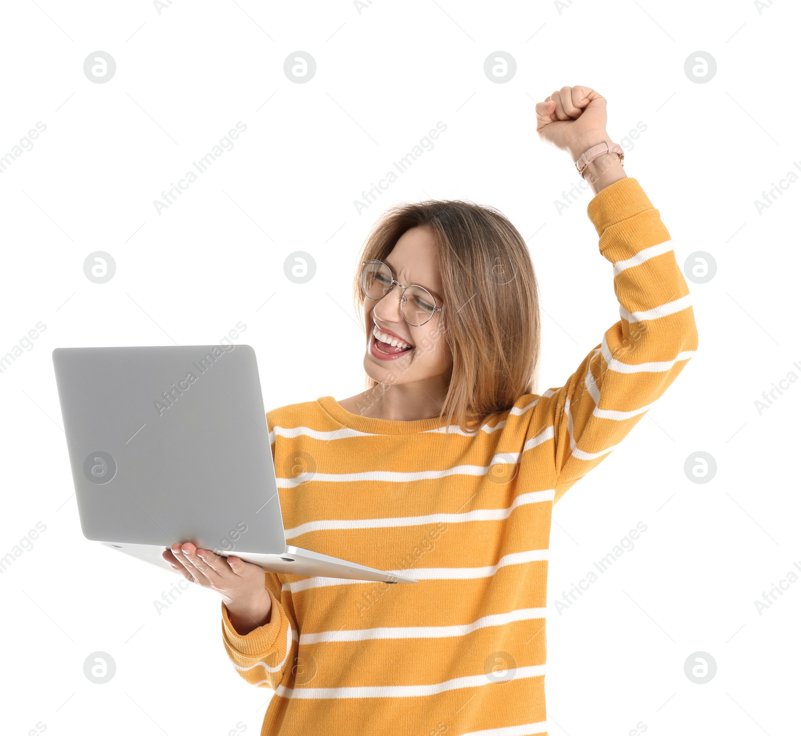 Photo of Portrait of happy young woman in casual outfit with laptop on white background