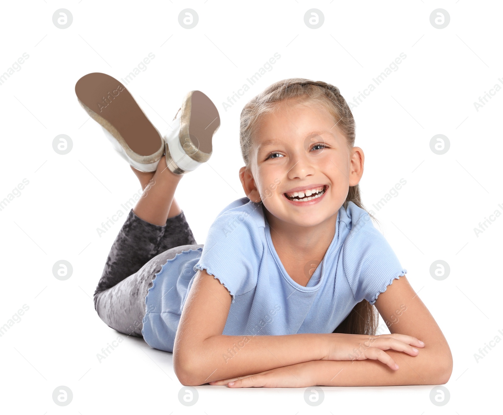 Photo of Portrait of adorable little girl on white background